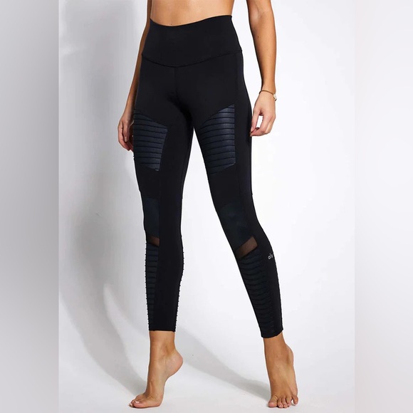 Alo Yoga Black/Glossy High Waist Full Length Moto Leggings XXS $128 - Picture 2 of 9